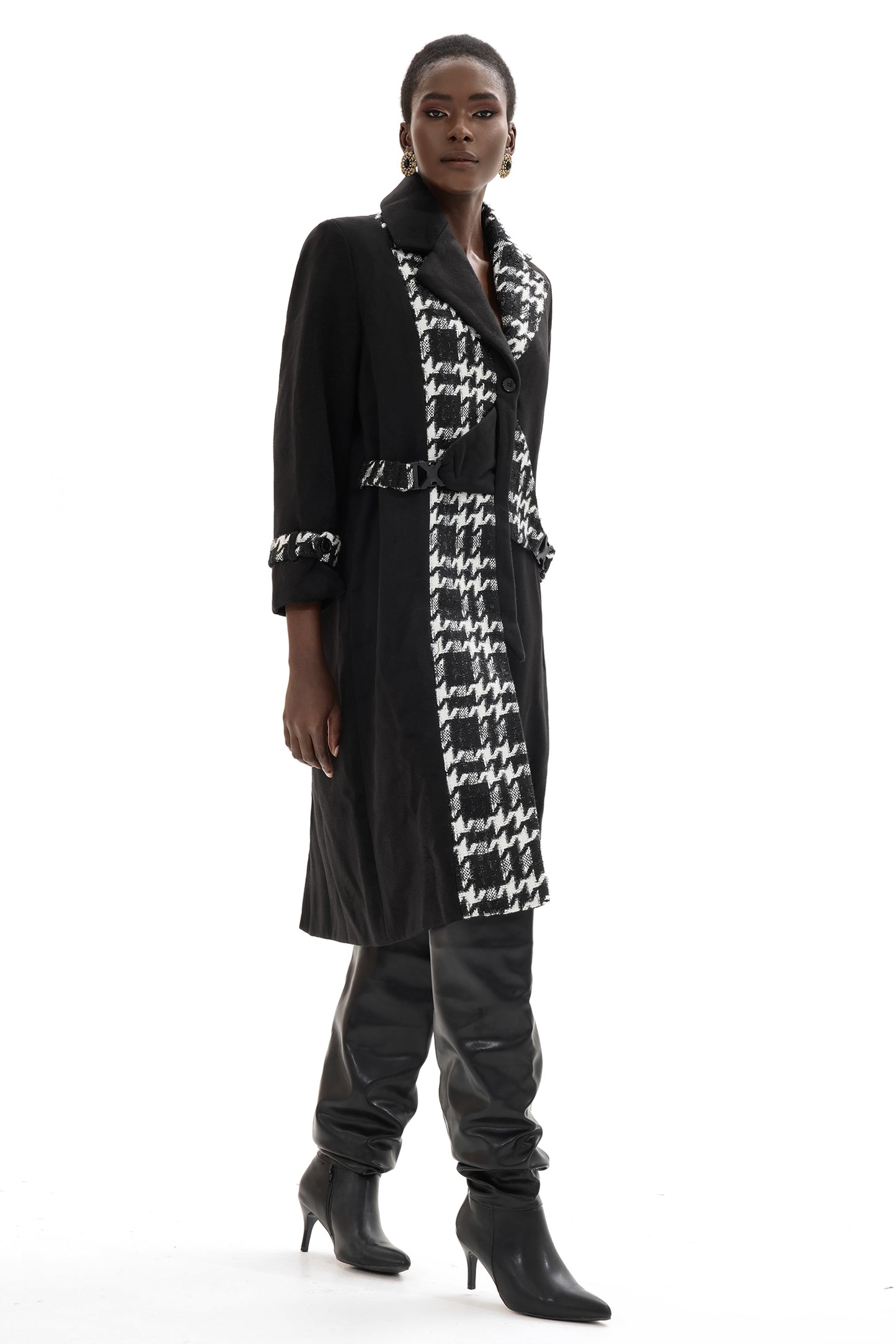 Abrigo de tweed de manga larga con empalme de lana 