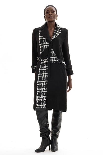 Abrigo de tweed de manga larga con empalme de lana 