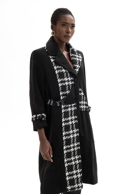 Abrigo de tweed de manga larga con empalme de lana 