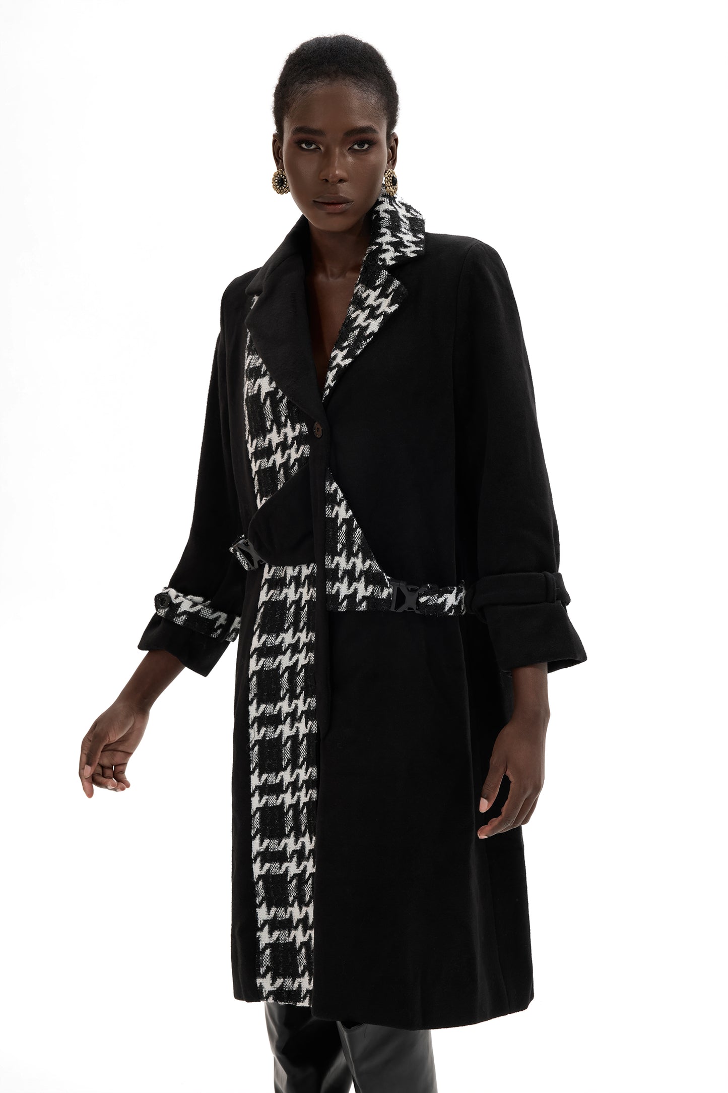 Abrigo de tweed de manga larga con empalme de lana 