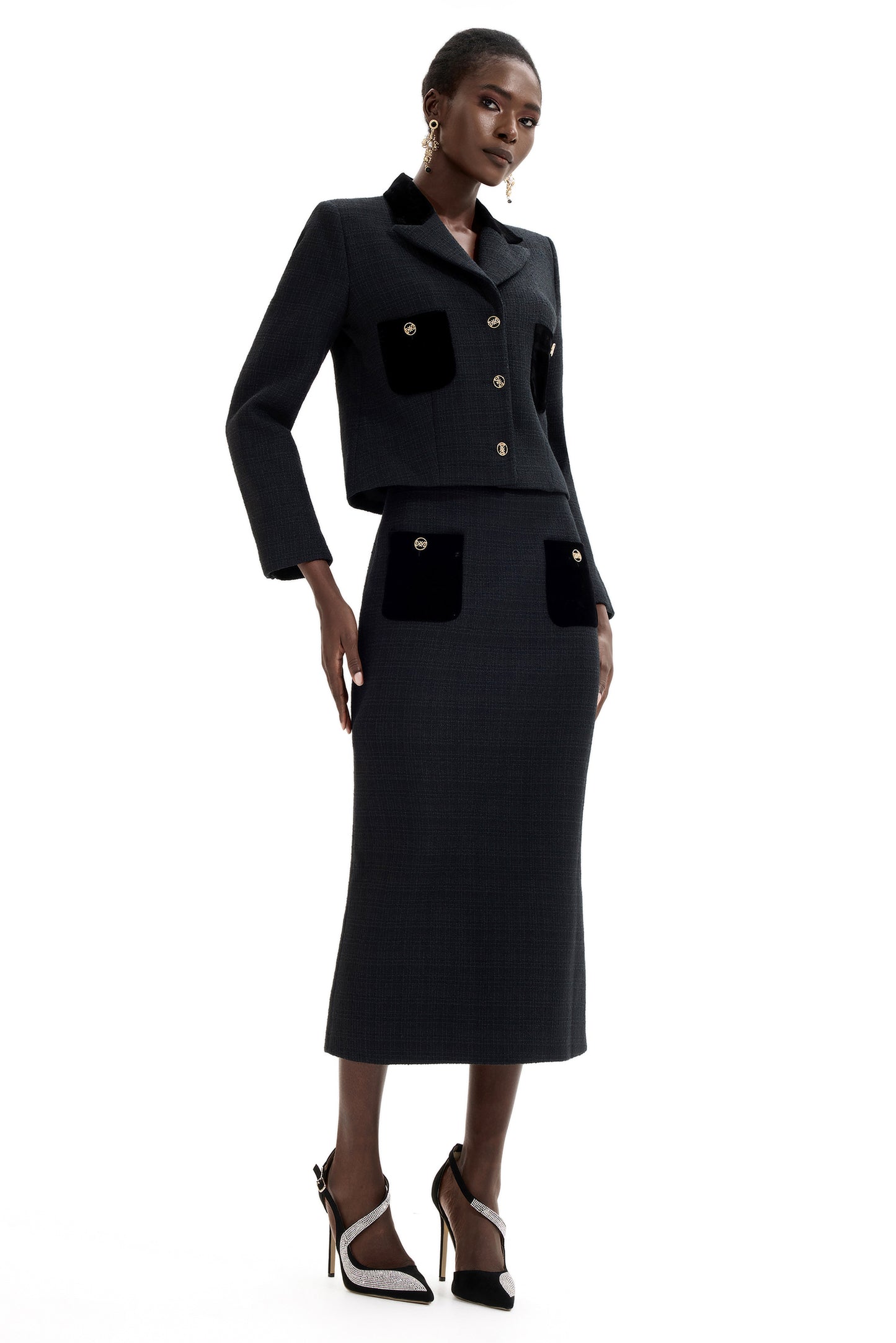 Falda midi de cintura alta con empalme de terciopelo 