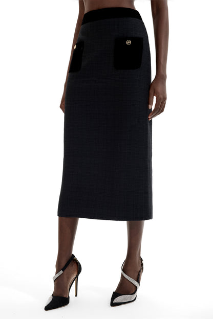 Falda midi de cintura alta con empalme de terciopelo 