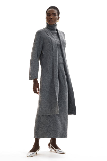 Conjunto de cárdigan de manga larga, top sin mangas de cuello alto y falda larga 