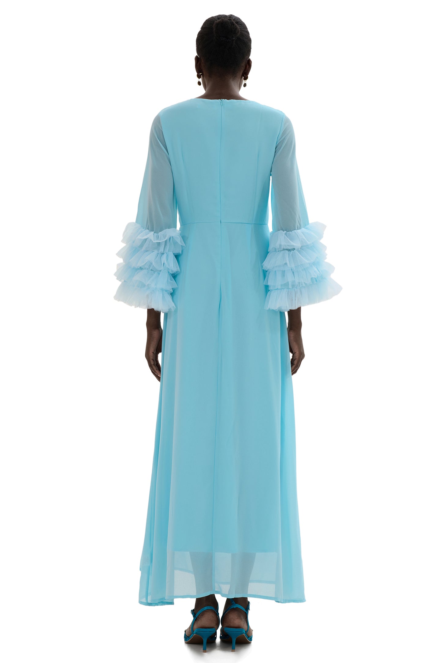 Vestido midi de manga larga con volantes y cuello redondo liso 