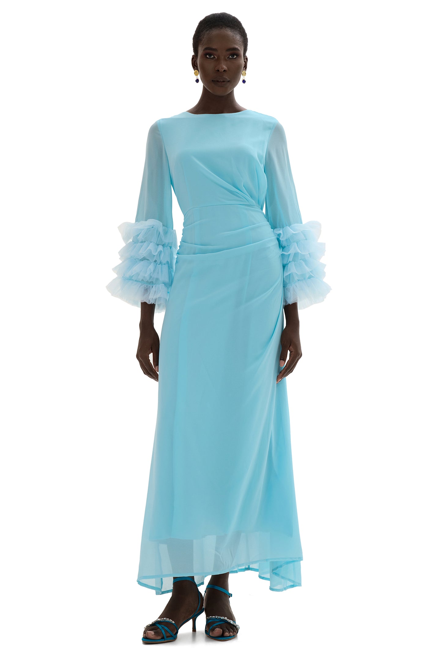 Vestido midi de manga larga con volantes y cuello redondo liso 