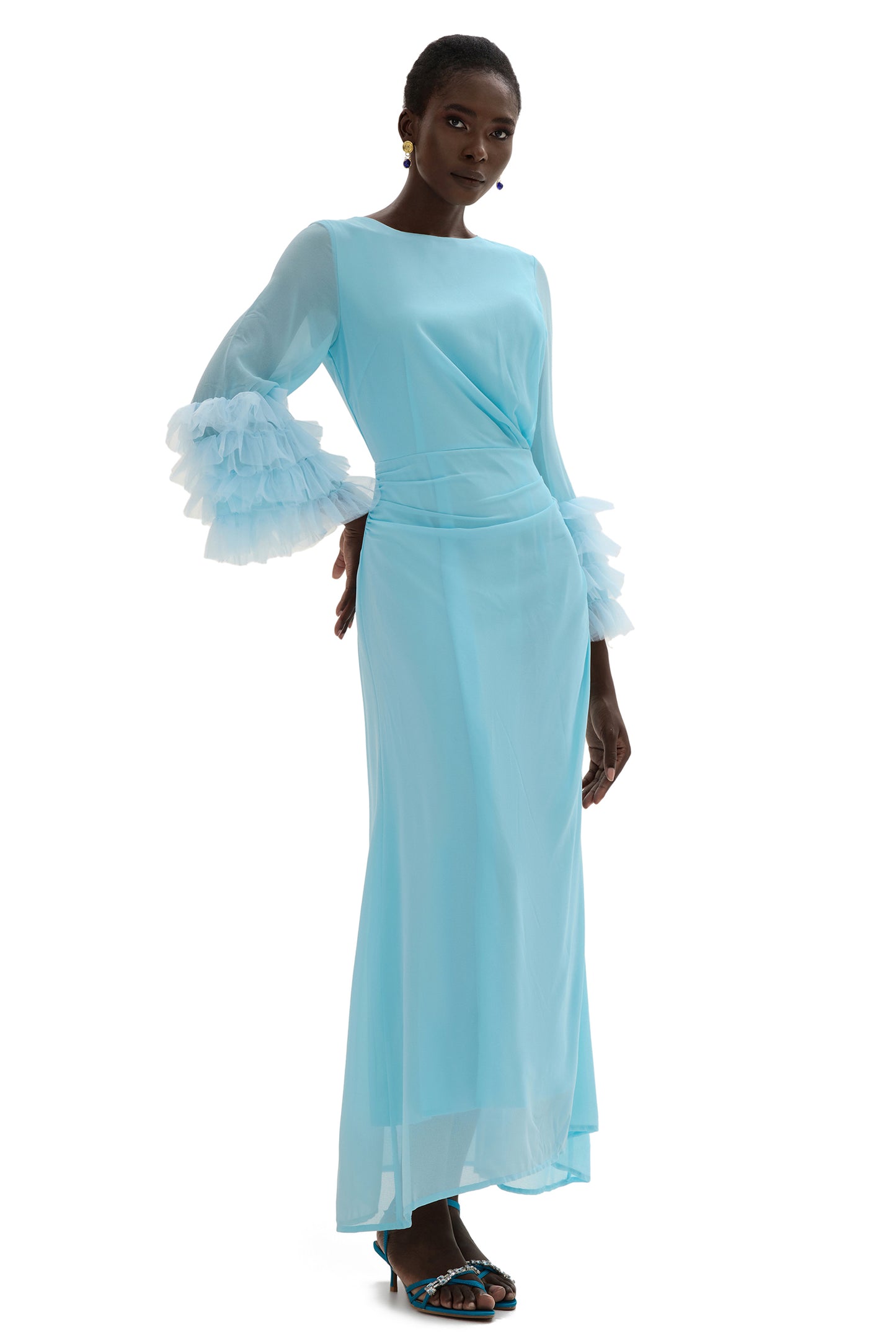 Vestido midi de manga larga con volantes y cuello redondo liso 