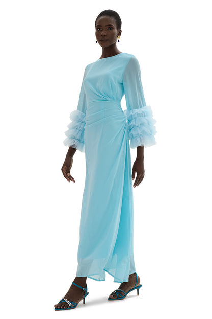 Vestido midi de manga larga con volantes y cuello redondo liso 