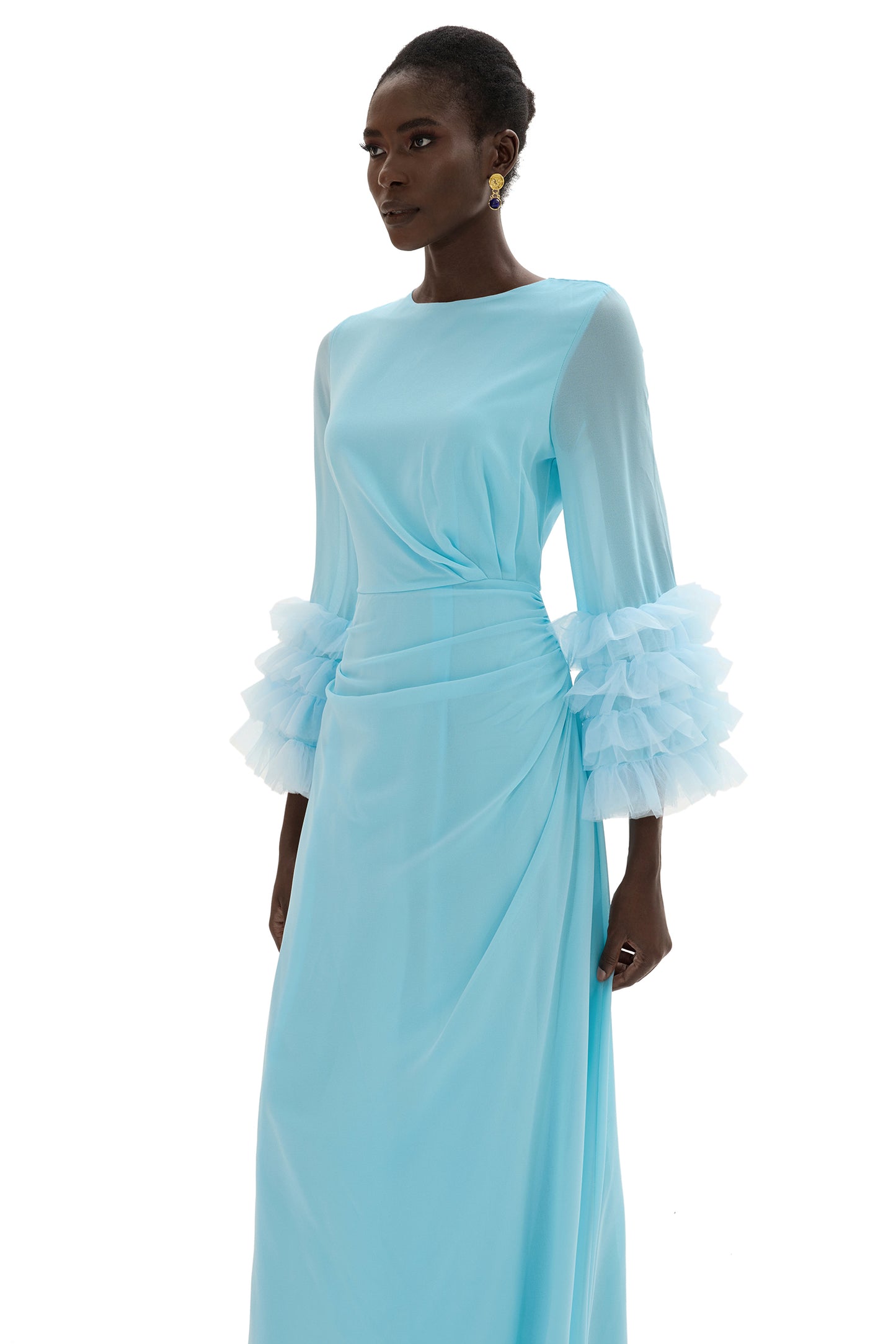 Vestido midi de manga larga con volantes y cuello redondo liso 