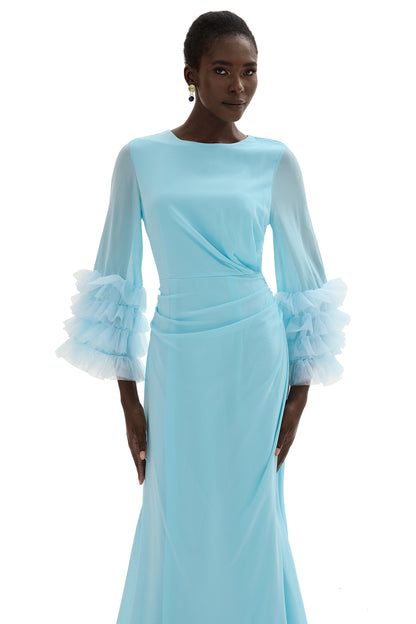 Vestido midi de manga larga con volantes y cuello redondo liso 