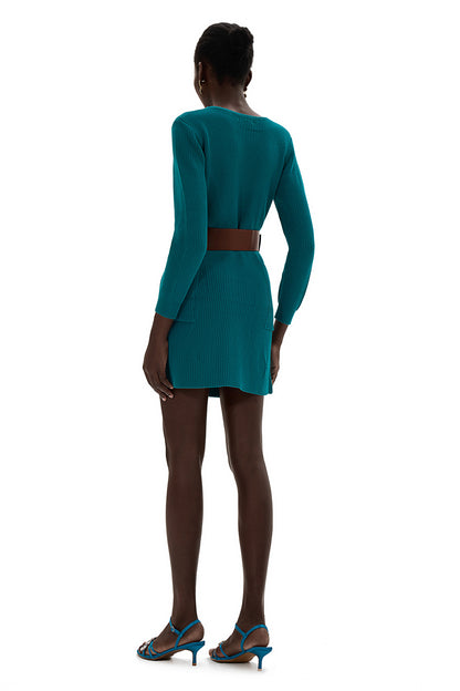 Vestido mini de manga larga con parte inferior de punto y cinturón 