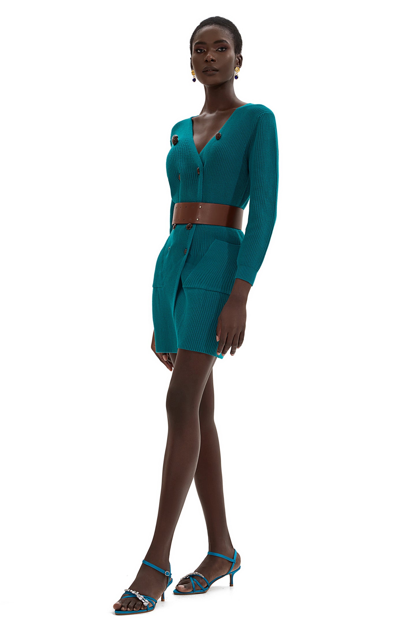 Vestido mini de manga larga con parte inferior de punto y cinturón 