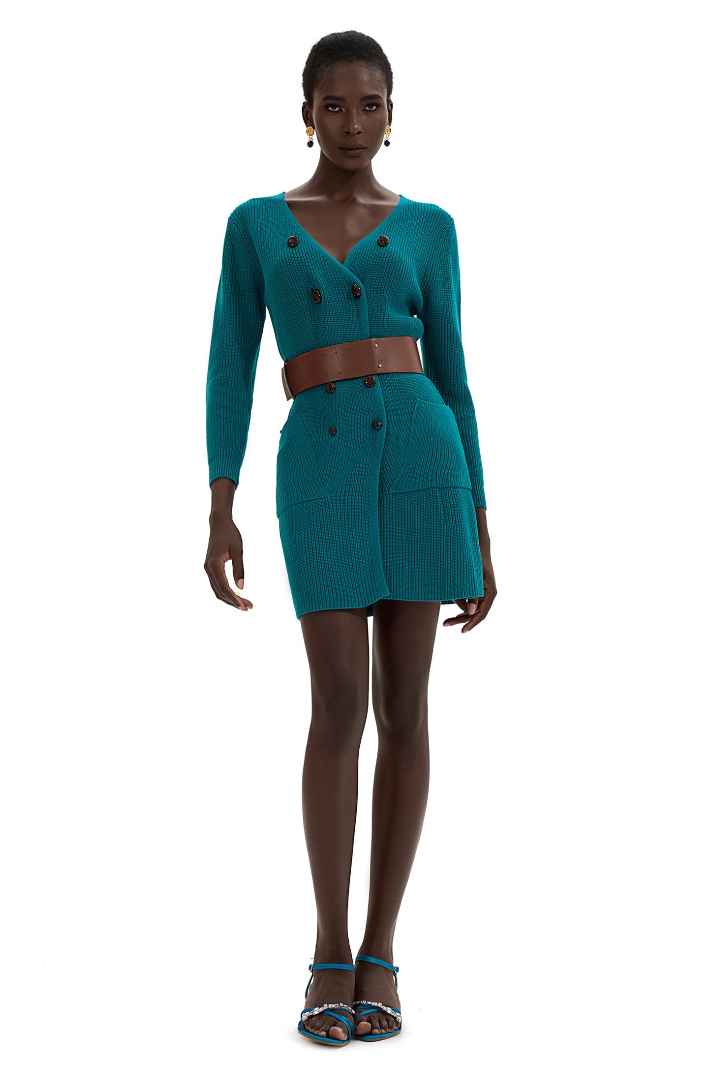 Vestido mini de manga larga con parte inferior de punto y cinturón 