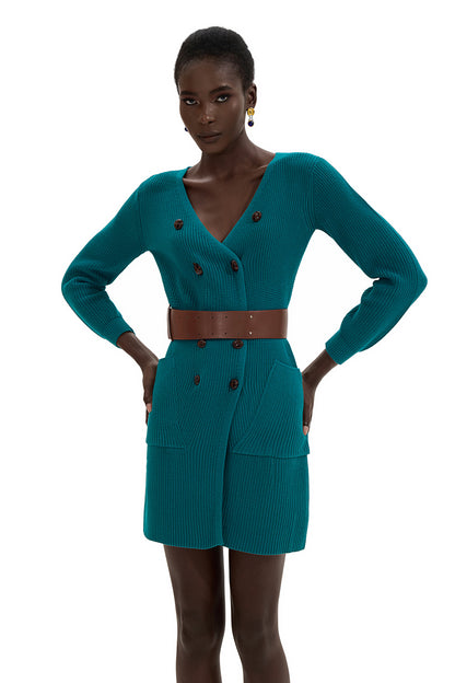 Vestido mini de manga larga con parte inferior de punto y cinturón 