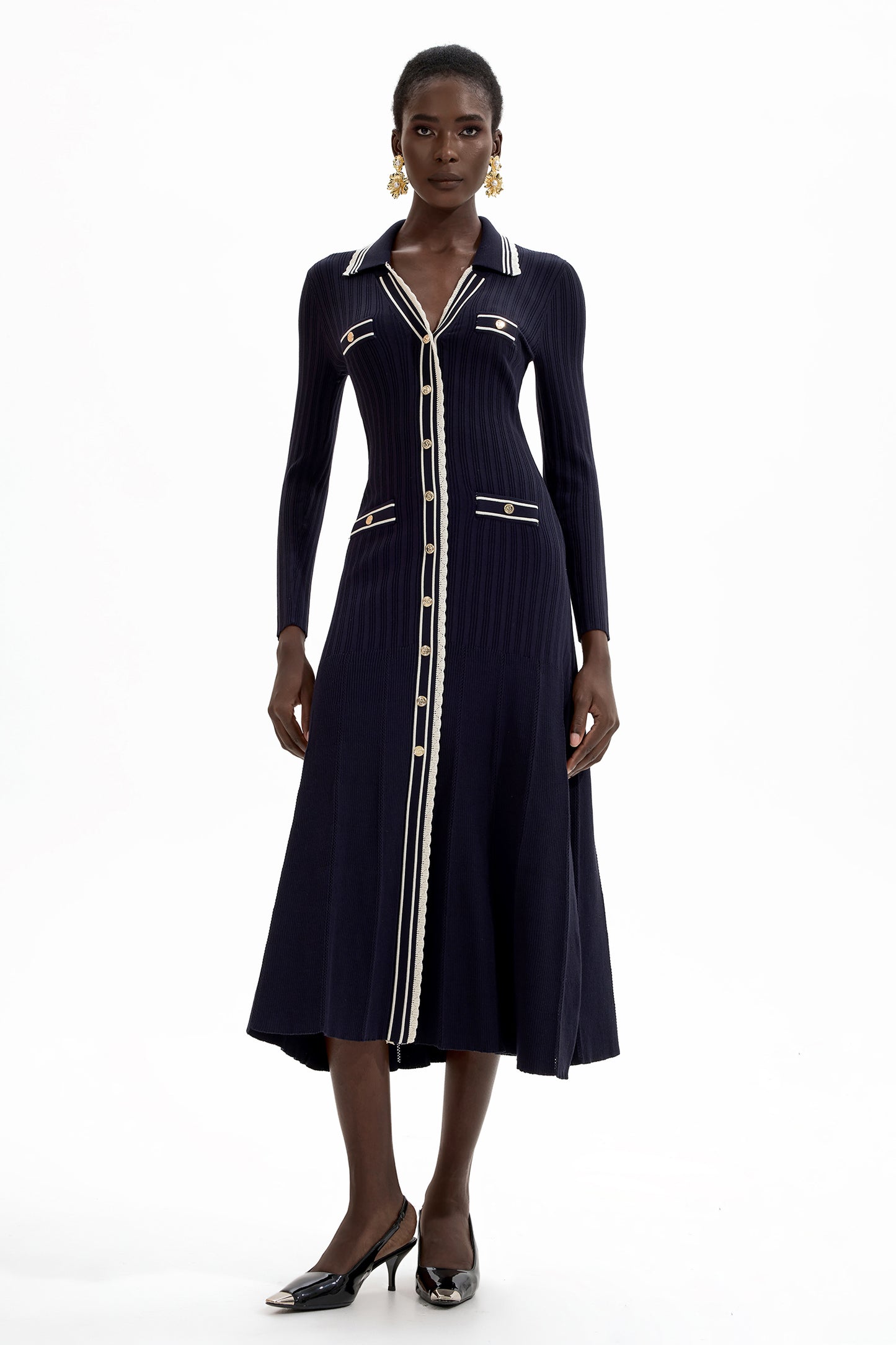 Vestido midi de manga larga de punto en contraste de color 