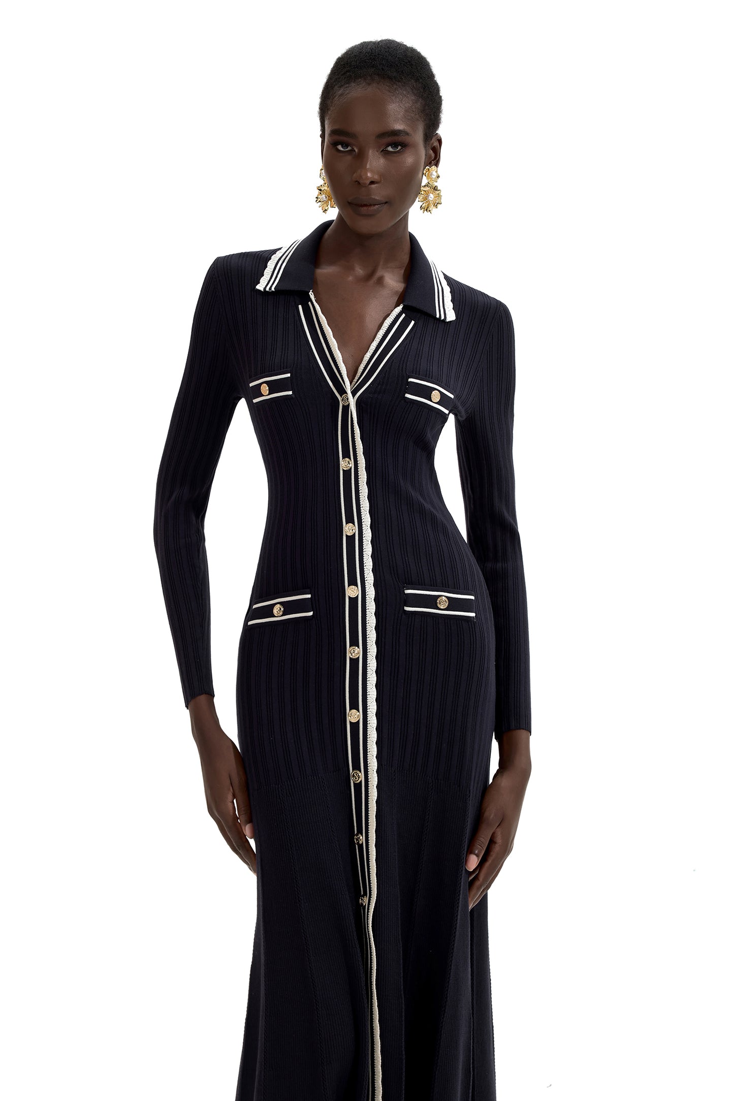 Vestido midi de manga larga de punto en contraste de color 