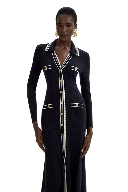 Vestido midi de manga larga de punto en contraste de color 