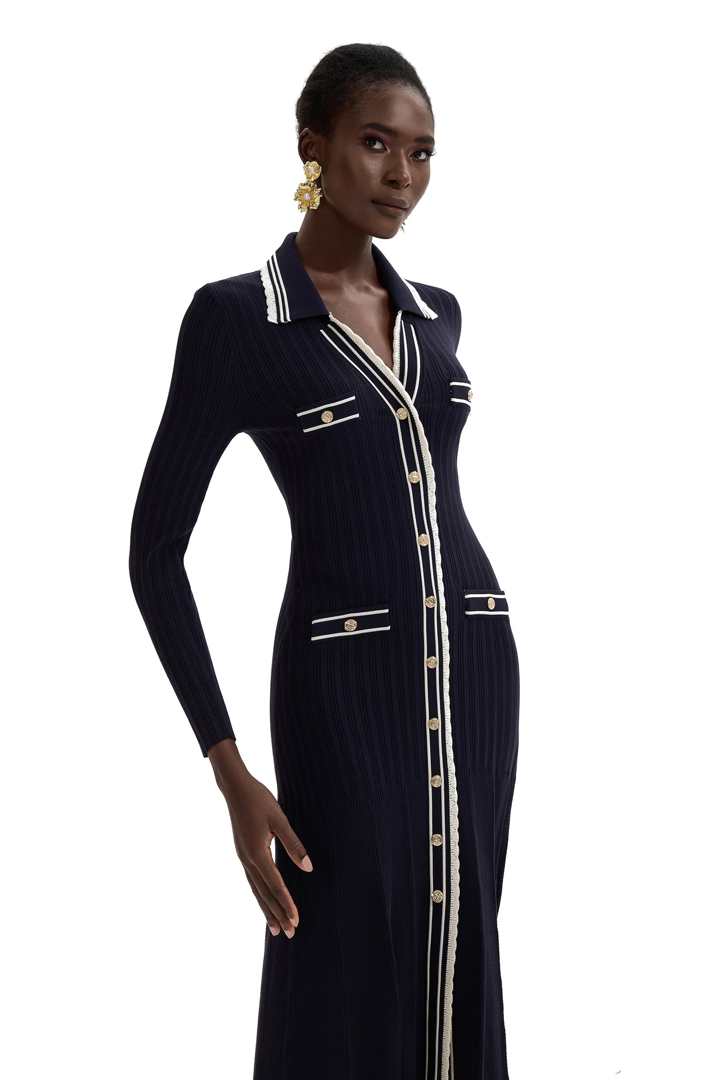 Vestido midi de manga larga de punto en contraste de color 