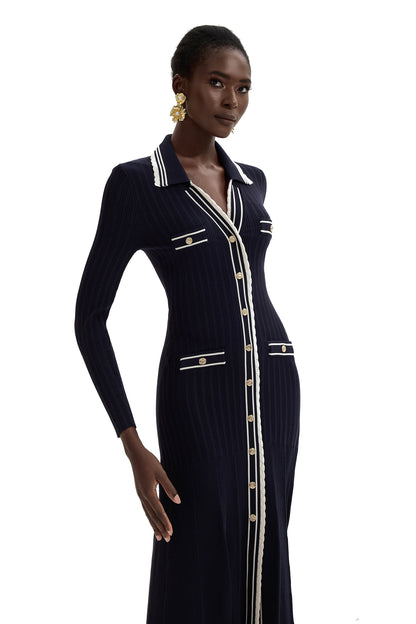 Vestido midi de manga larga de punto en contraste de color 