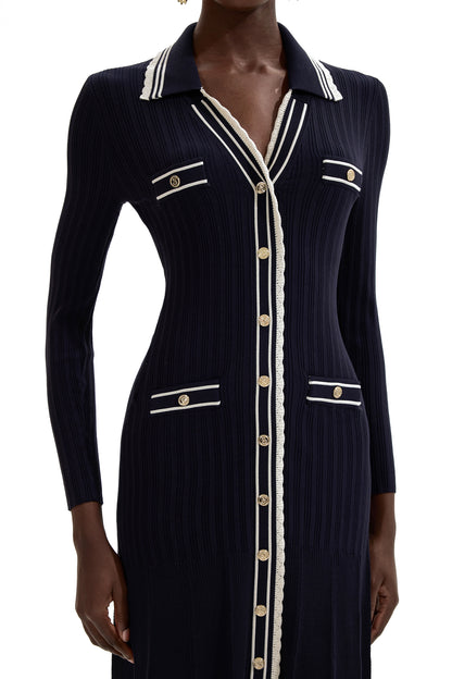 Vestido midi de manga larga de punto en contraste de color 