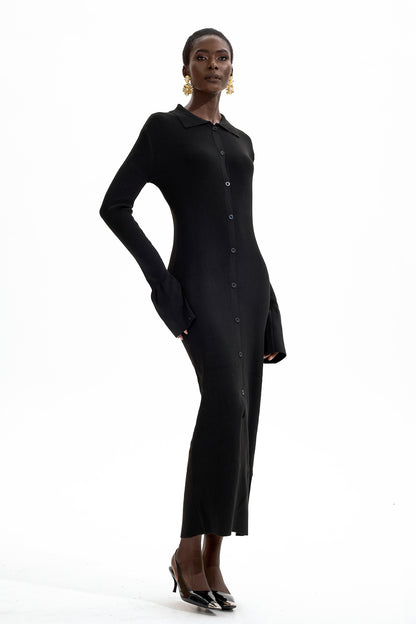 Vestido midi de jersey liso con botones en negro 