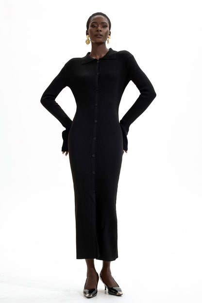 Vestido midi de jersey liso con botones en negro 