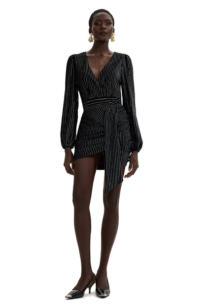 Minivestido de terciopelo con cuello en V y estampado de lámina plateada 