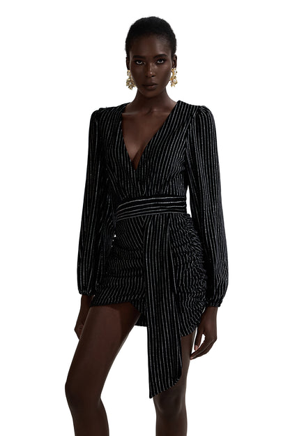 Minivestido de terciopelo con cuello en V y estampado de lámina plateada 