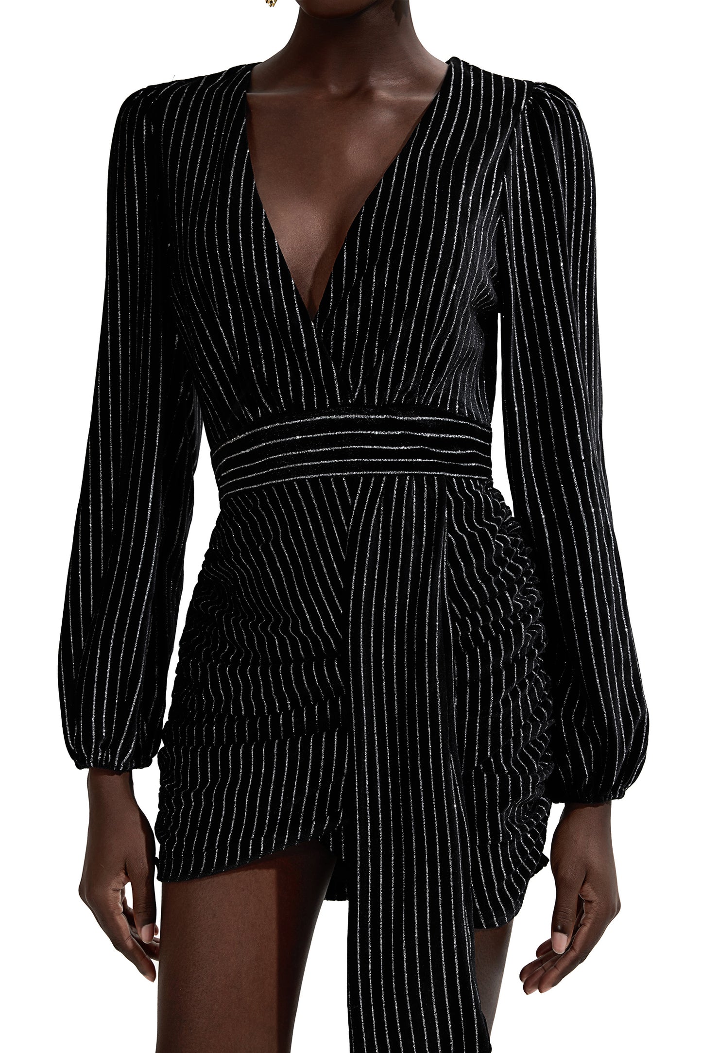 Minivestido de terciopelo con cuello en V y estampado de lámina plateada 