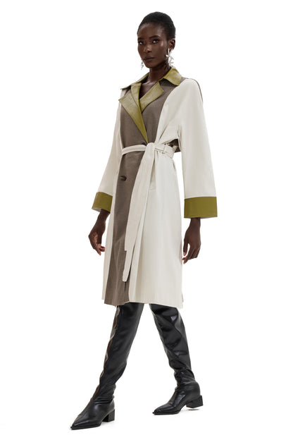 Abrigo de manga larga con empalme de PU y pata de gallo con cinturón 