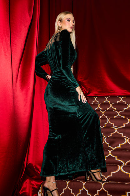 Vestido largo de terciopelo liso con borlas y cuello en V 