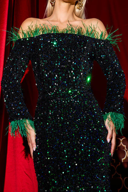 Vestido midi de terciopelo con lentejuelas y plumas 