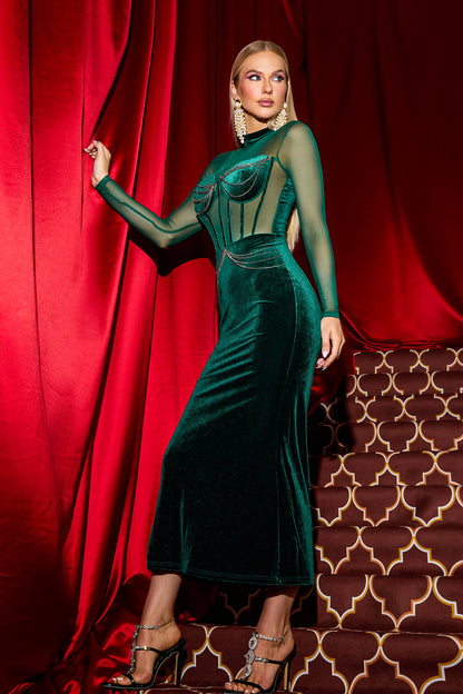 Vestido midi de malla de terciopelo con diamantes de imitación 