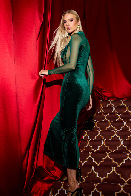 Vestido midi de malla de terciopelo con diamantes de imitación 