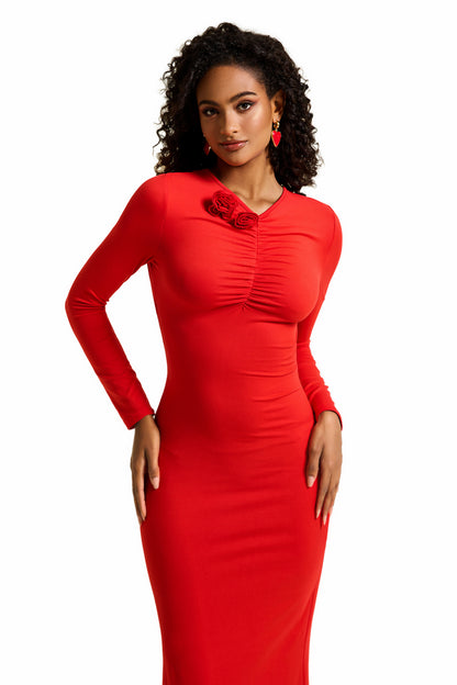 Vestido midi fruncido de jersey con estampado floral 3D 