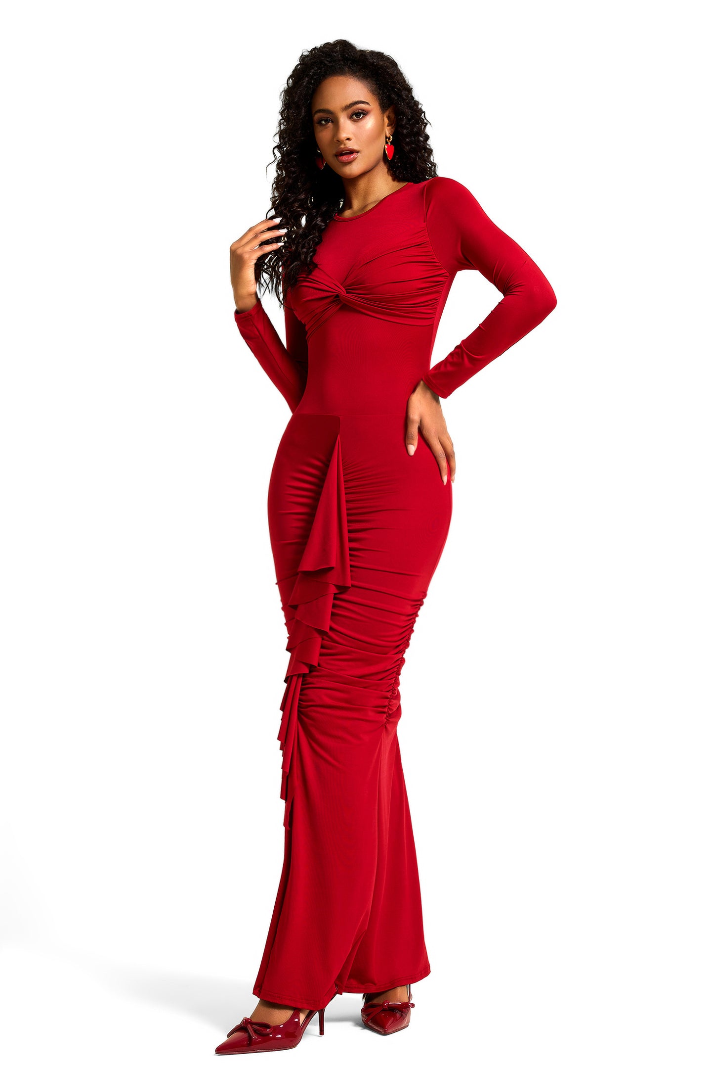 Vestido midi fruncido de jersey liso 