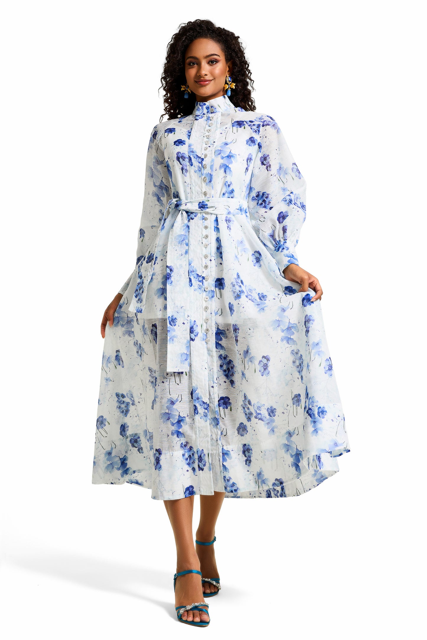 Vestido midi de una sola botonadura con diamantes de imitación florales 