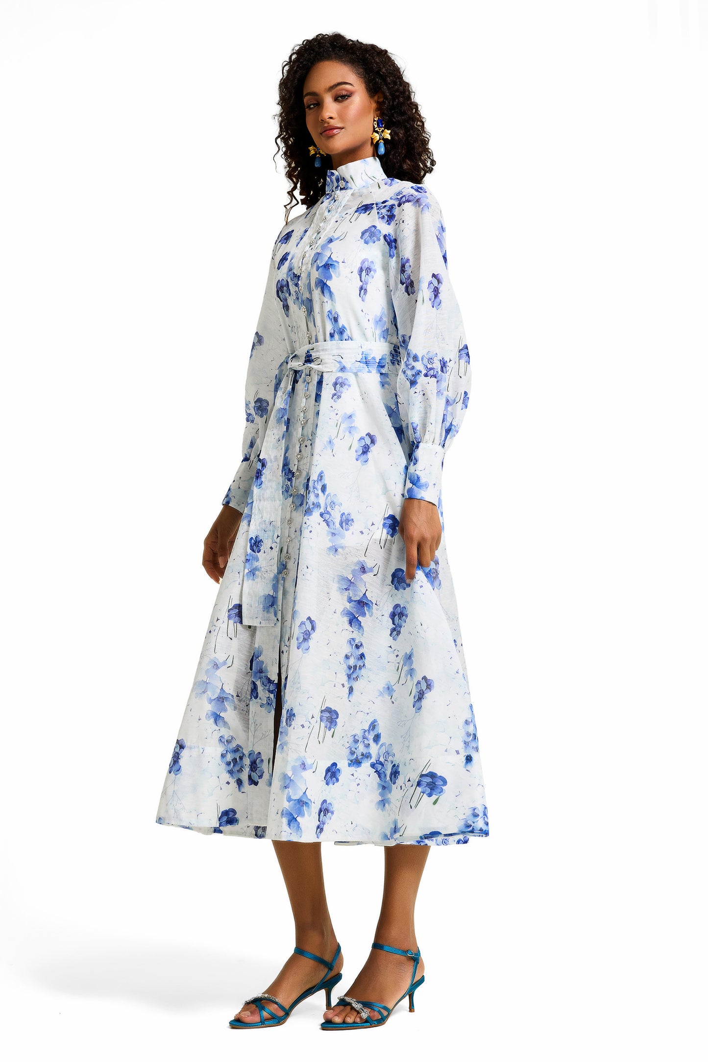 Vestido midi de una sola botonadura con diamantes de imitación florales 