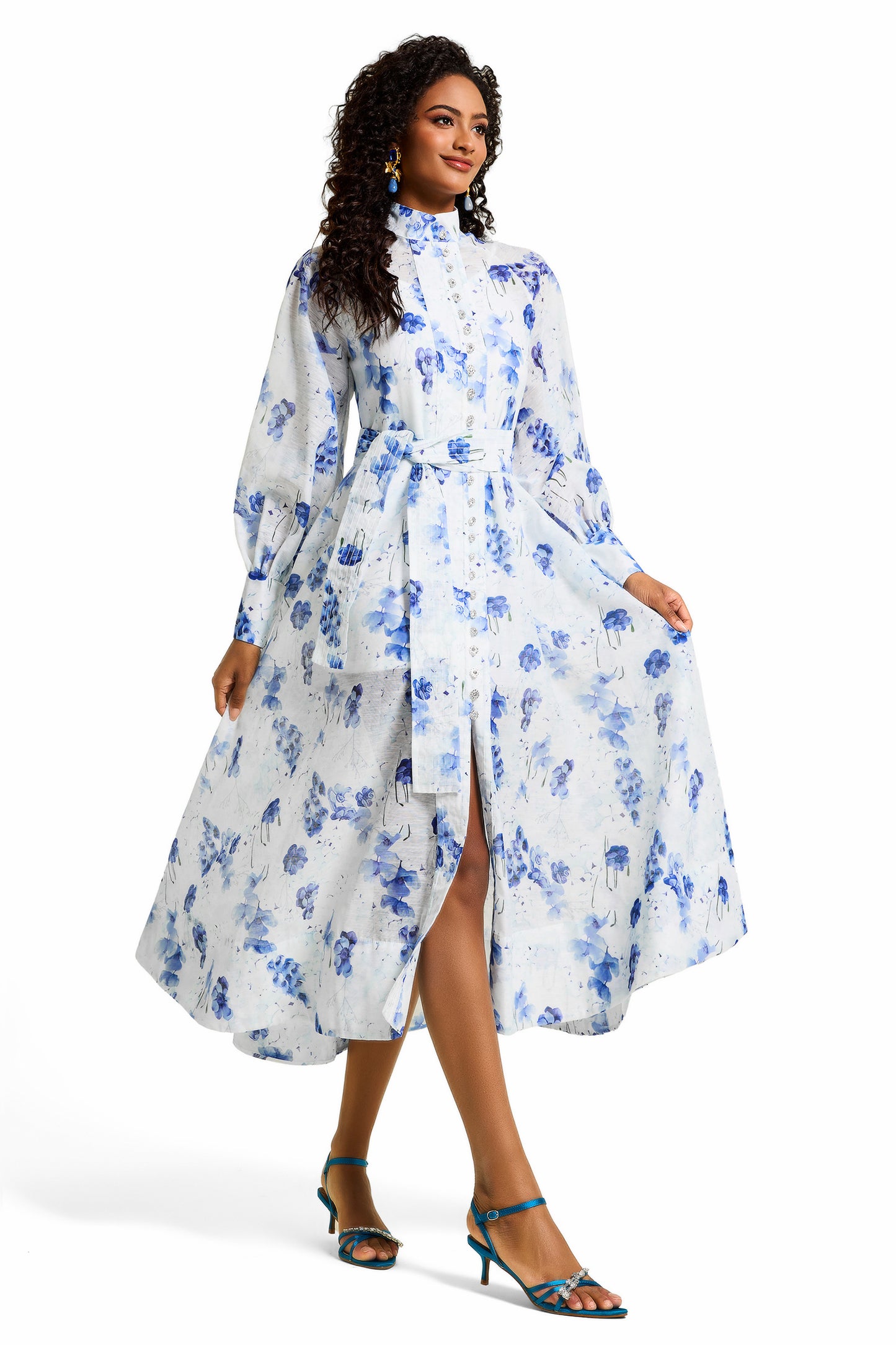 Vestido midi de una sola botonadura con diamantes de imitación florales 