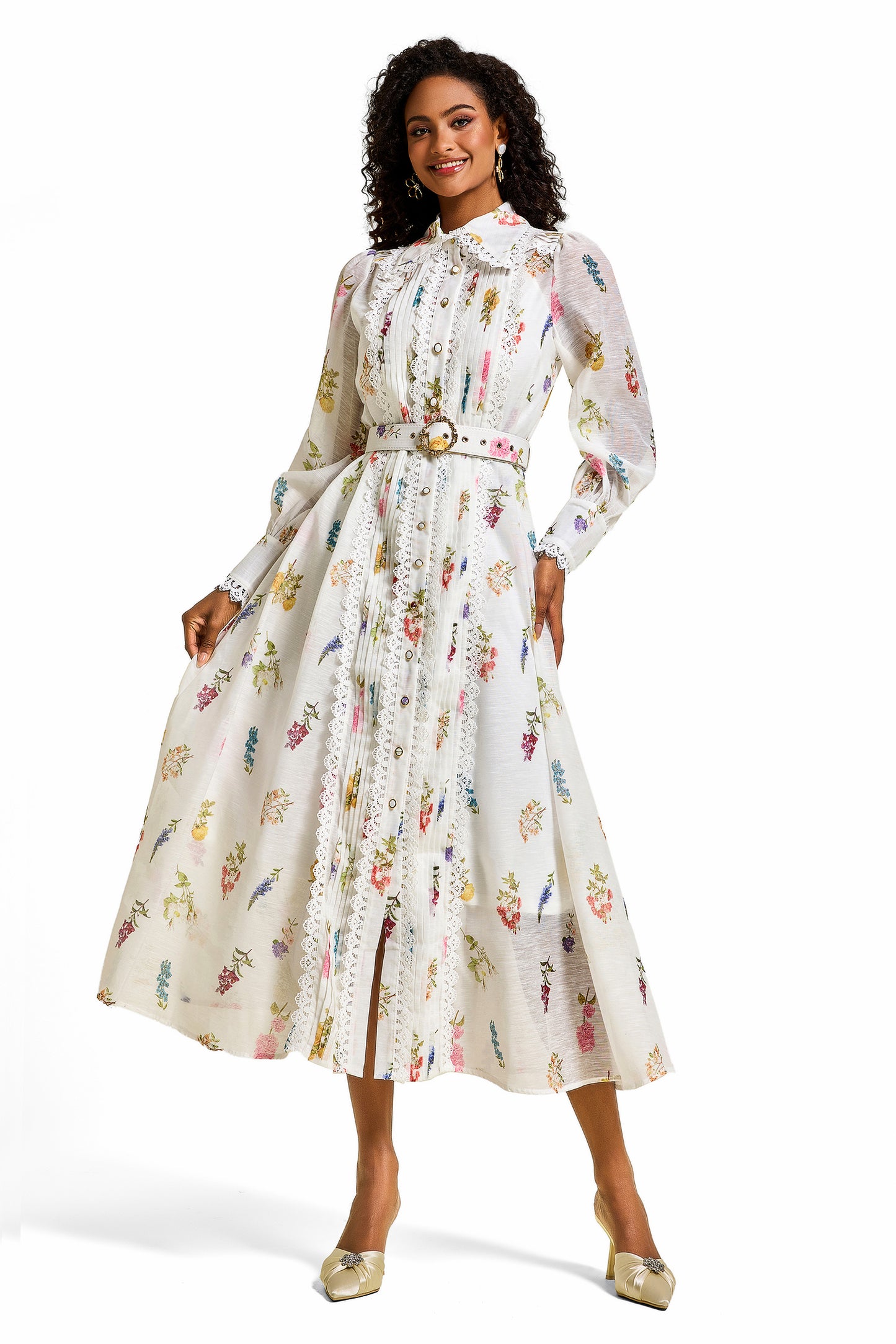 Vestido midi con mangas farol y encaje floral 