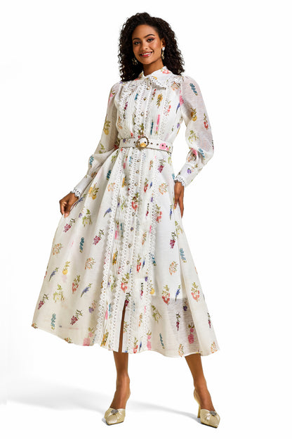 Vestido midi con mangas farol y encaje floral 