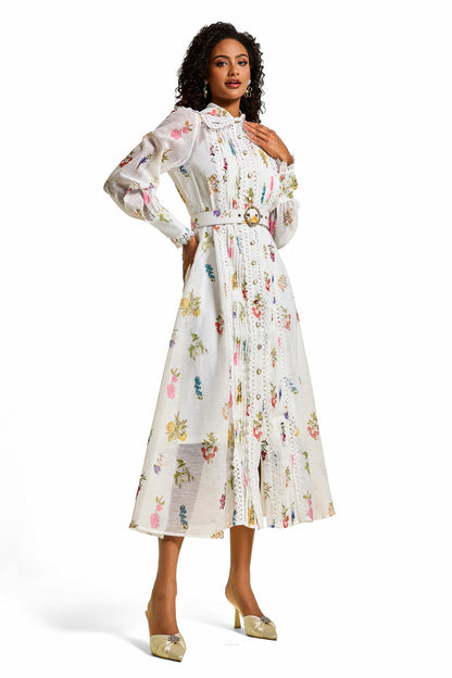 Vestido midi con mangas farol y encaje floral 