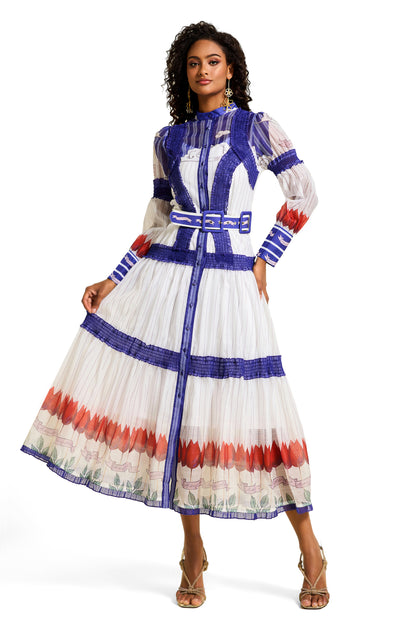 Vestido midi floral con mangas abullonadas y cinturón 