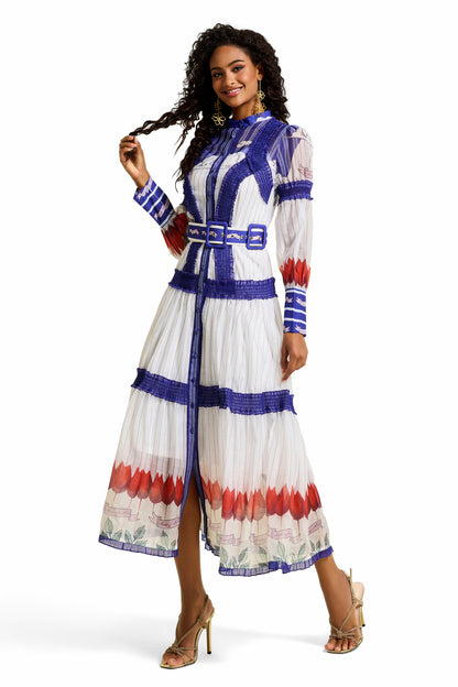 Vestido midi floral con mangas abullonadas y cinturón 