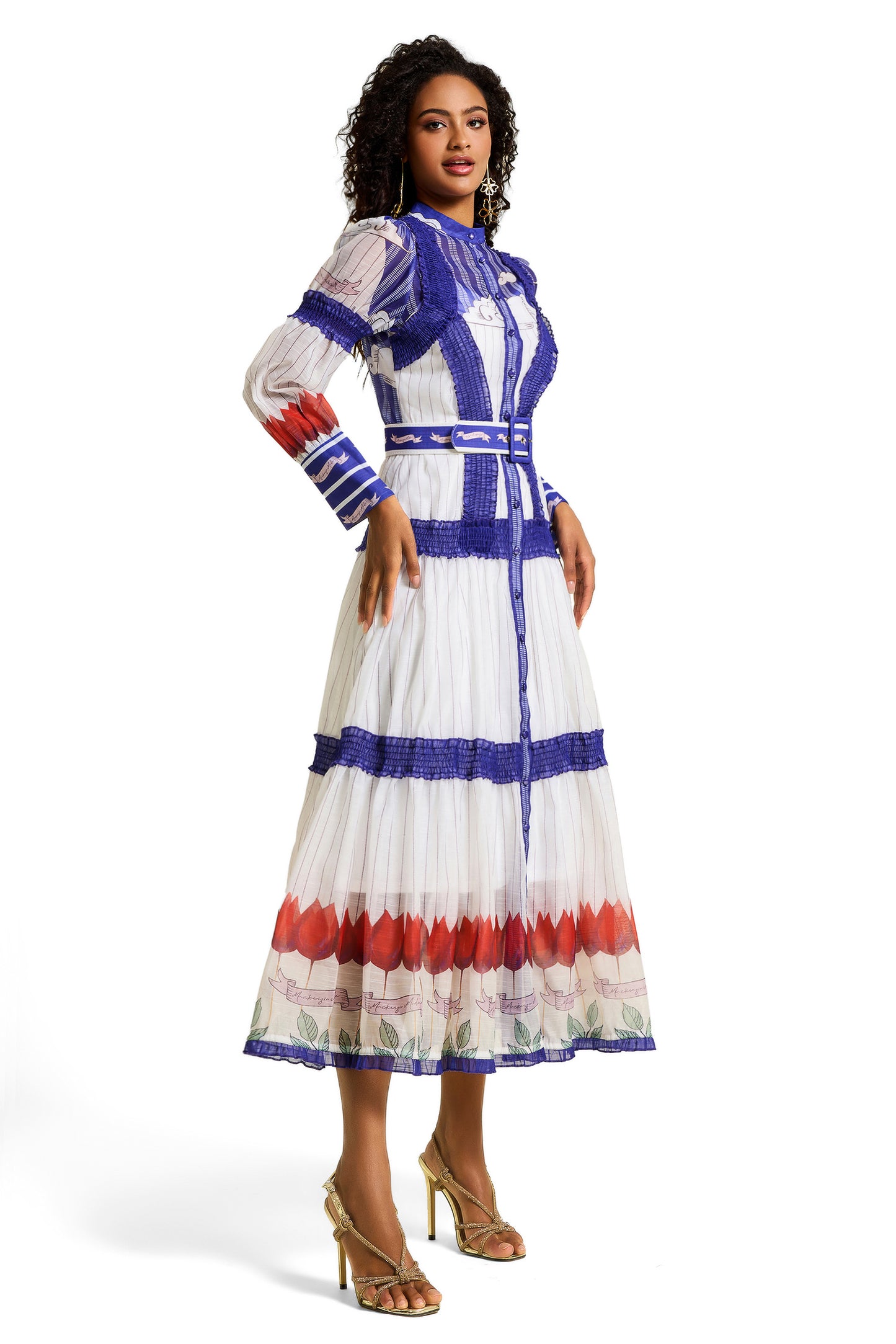 Vestido midi floral con mangas abullonadas y cinturón 