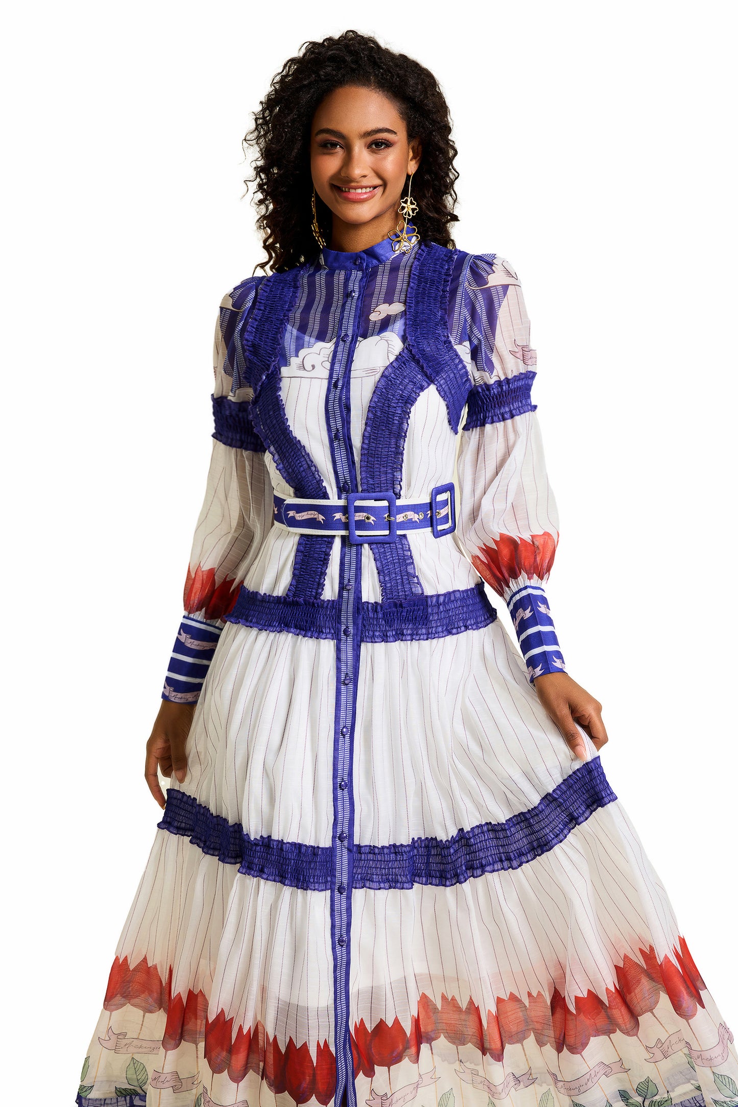 Vestido midi floral con mangas abullonadas y cinturón 