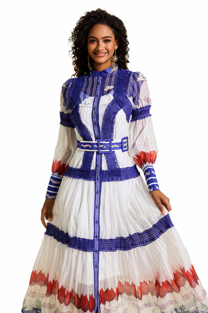 Vestido midi floral con mangas abullonadas y cinturón 