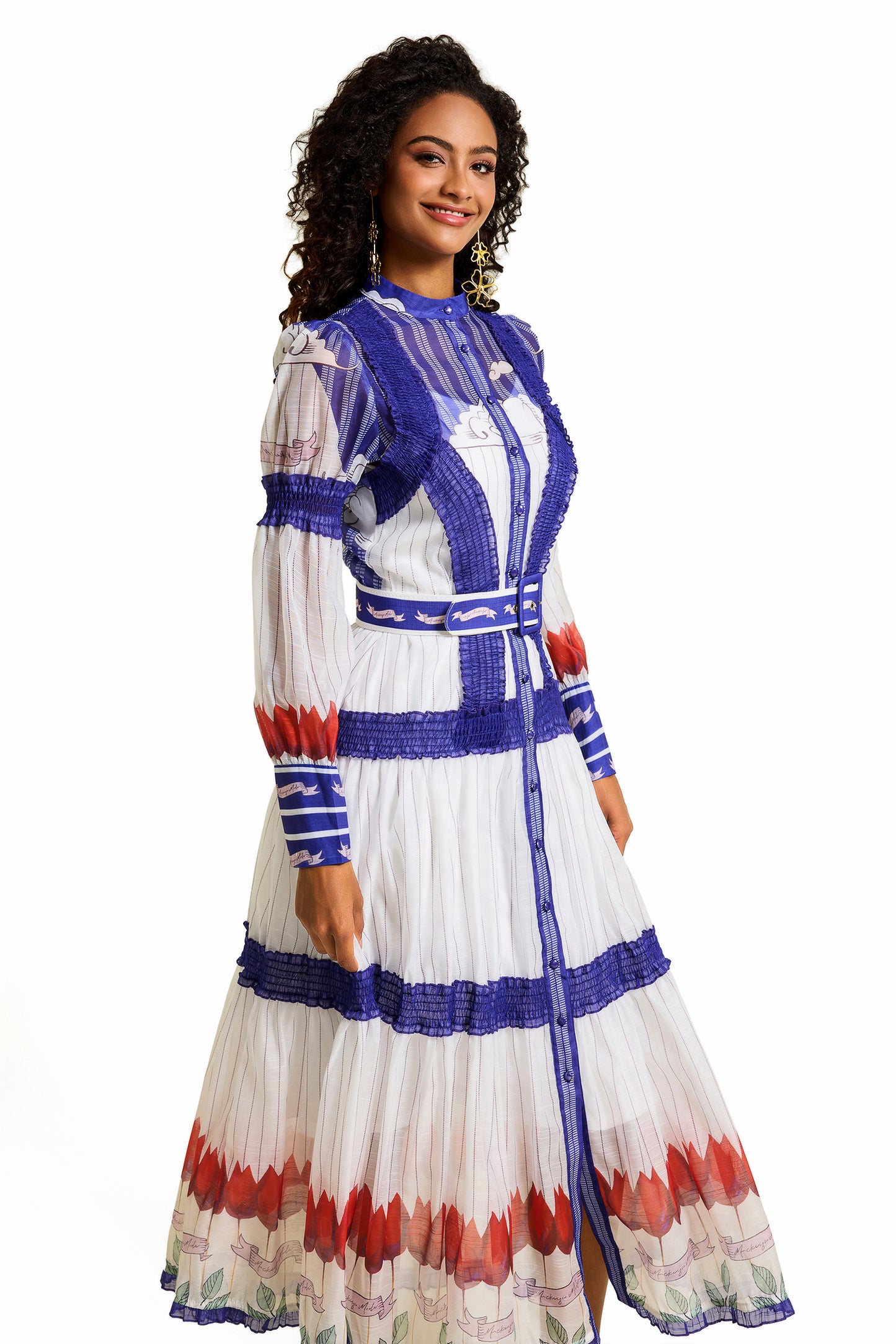 Vestido midi floral con mangas abullonadas y cinturón 