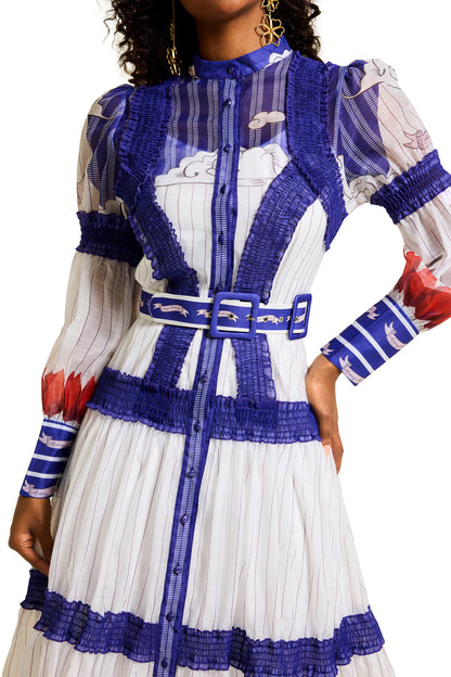 Vestido midi floral con mangas abullonadas y cinturón 