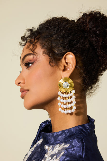 Pendientes colgantes con borlas de diamantes falsos y perlas falsas 