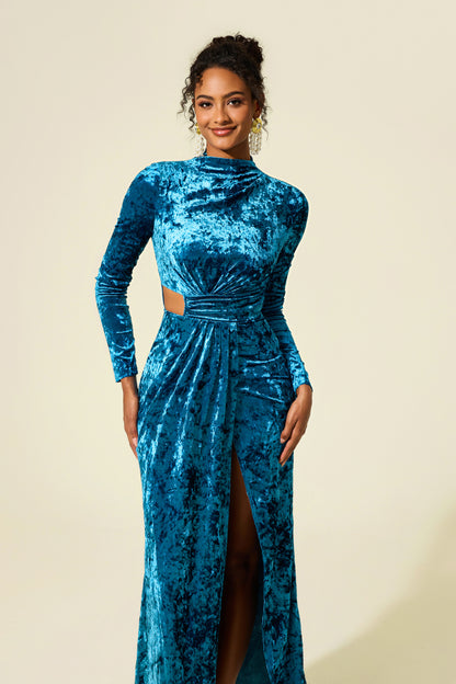 Vestido midi de terciopelo liso con aberturas 